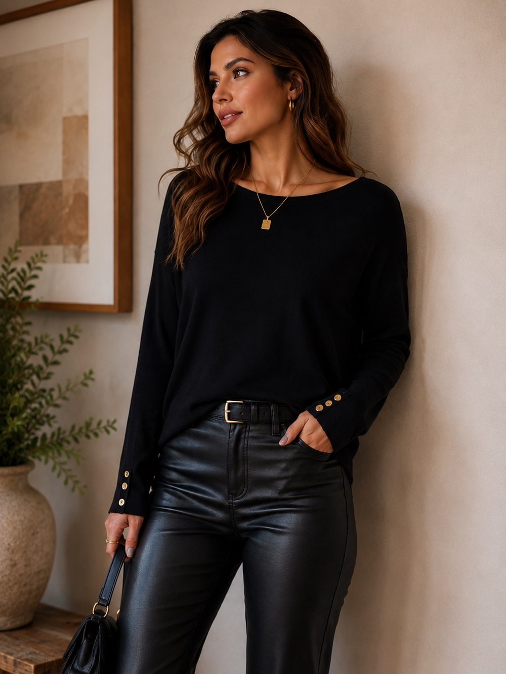 Chico's Black Long-Sleeve Top with Gold Button Cuffs